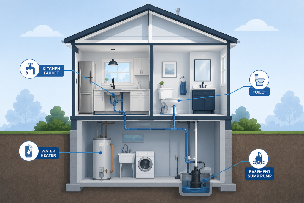 Diagram of common plumbing warning sign locations in a home: faucet, toilet, water heater, and sump pump.