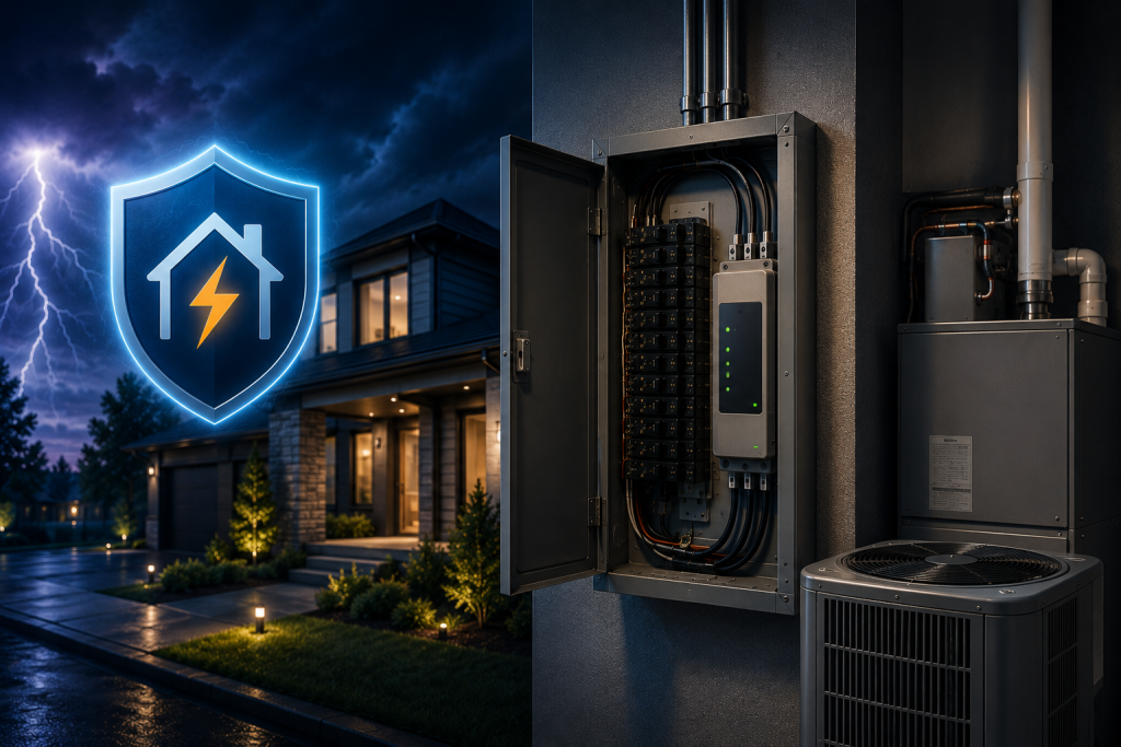 Whole-home surge protector professionally installed on a residential electrical panel in a bright utility space