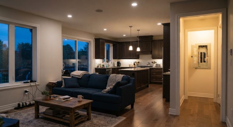 Ontario family home at dusk showing dimming lights and a crowded power bar, two common electrical warning signs