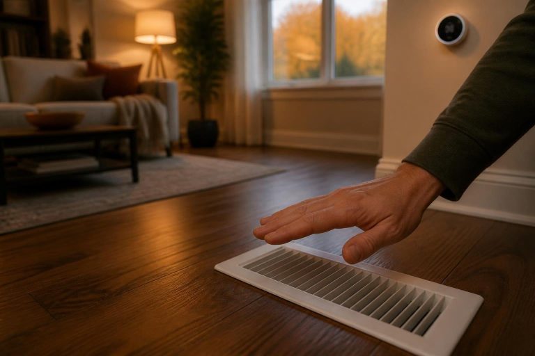 Homeowner holding a hand over a floor heating vent to check whether the furnace is blowing cold air